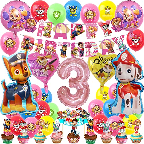 Patrol Geburtstagsdeko Mädchen Hund Geburtstag Party Rosa Ballon Deko Set für Mädchen 3 Jahre Helium Folienballon Banner Toppers Dekoration (Zahl 3) von JINLAIYUN