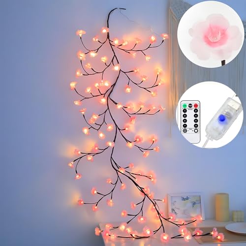 2.3M 144 LEDs Kirschblüten Willow Vine Wand Deko, Lichterkette Wanddeko mit Fernbedienung 8 Modi, USB-Betriebene Timer Kirschblüten Zweige Lichter für Schlafzimmer Raum Deko Weinachtsdekorationen von AXVRAV