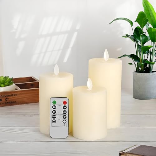 AXVRAV 3er Set Flammenlose LED-Kerzen mit Fernbedienung & Timerfunktion, Flackerndes Licht, Beweglicher Docht, Elfenbeinfarben, Echtwachs Kerzen Batteriebetrieben für Wohnzimmer Schlafzimmer Deko von AXVRAV
