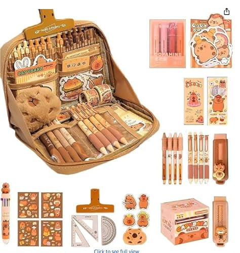 AXVRAV 51 Stück Capybara Schreibwaren Set, Süßes Capybara Federmäppchen Geschenkset mit Stiften Clips Linealen Mehr Radiergummi –Capybara Stifte Ideal für Schule Büro Kinder und Schüler von AXVRAV