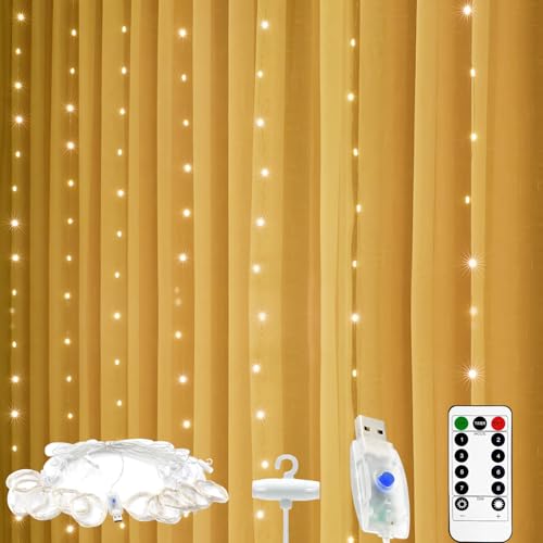 Lichtervorhang 3x3m mit 300 LEDs, 8 Modi & Fernbedienung Timer & Dimmbar Wasserdicht IP44 für Innen & Außen, USB Betrieben Weihnachtsdeko für Fenster Balkon Schlafzimmer & Party von AXVRAV