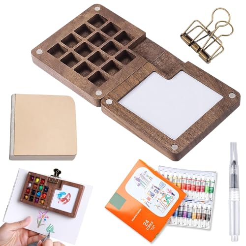 Mini Aquarell Travel Set Pocket Aquarell Set mit Binder-Clips, 15 Gitter Paletten mit Aquarellpinsel Wasserfarben Skizzenbuch, Tragbare Aquarell Palette Reiseset für Maler Künstler Studenten von AXVRAV