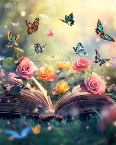 9CT Diy Französisches Stickset Mit Perlen Bücher，Bunte Blumen Und Schmetterlinge Bead Embroidery Kit Kreuzstich,Nadelspitze,Handarbeit,Wandteppich-Set,Perlenstickerei-Muster,3D-Stickset 50x60cm von AYAOYANGGO