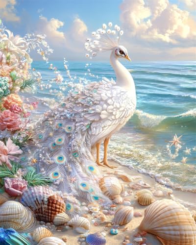 AYAOYANGGO 11CT Kreuzstich Set Vorgedruckt Fantasie Strand Weißer Pfau Tier Kreuzstich-Sets Für Erwachsene，Anfänger，Vorgedruckt，Gestempelt，Für Fortgeschrittene，Diy Mit Muster 60x80cm von AYAOYANGGO