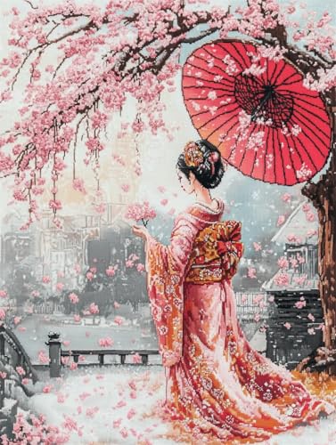 AYAOYANGGO 11CT Kreuzstich Stickpackungen Stickset Japanische Geisha，Kreuzstichset Mit Rosa Blumenbaum，Kunsthandwerk Für Erwachsene，11 Ct Kreuzstich 40x50cm von AYAOYANGGO