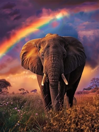 AYAOYANGGO 9CT Diy Bead Embroidery Kit Elefantentier Und Regenbogen Diy-Set Mit Perlen,Handgefertigtes Perlenmalerei-Kit Aus Handarbeit,Bead Embroidery Kits Nadelkunst,Dekor 50x60cm von AYAOYANGGO