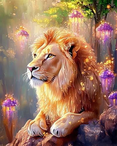AYAOYANGGO 9CT Diy Bead Embroidery Kit Fantasie Wald Löwe Tier Perlenstickerei-Bastelset Für Anfänger,Handarbeitsset,Vorgedrucktes Muster,Dekor,Wandkunst 50x60cm von AYAOYANGGO