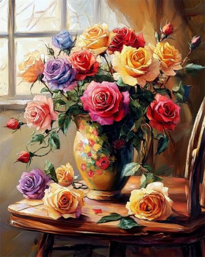 AYAOYANGGO 9CT Diy Bead Embroidery Set Bunte Rosen Blumen In Der Vase Perlenstickerei-Bastelset Für Anfänger,Handarbeitsset,Vorgedrucktes Muster,Dekor,Wandkunst 40x50cm von AYAOYANGGO