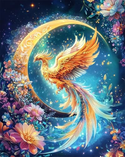 AYAOYANGGO 9CT Diy Bead Embroidery Set Fantasie-Phönix-Tier Und Mond Perlenstickerei-Set Für Erwachsene,Nadelspitze,Wandteppich Diy Seed Bead Embroidery Kits 50x60cm von AYAOYANGGO