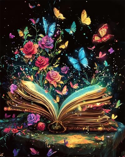 AYAOYANGGO 9CT Diy Französisches Stickset Mit Perlen Bücher，Bunte Blumen Und Schmetterlinge Perlenstickerei-Bastelset Für Anfänger,Handarbeitsset,Vorgedrucktes Muster,Dekor,Wandkunst 40x50cm von AYAOYANGGO