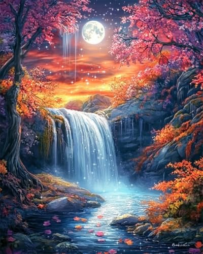 AYAOYANGGO 9CT Diy Französisches Stickset Mit Perlen Bunte Wasserfalllandschaft Der Karikatur Nadelspitze-Bastelset,Diy-Perlenmalerei,3D-Wandteppich,Perlen-Kreuzstich-Set 60x80cm von AYAOYANGGO