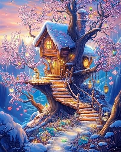 AYAOYANGGO 9CT Diy Französisches Stickset Mit Perlen Cartoon Wald Baumhaus Perlenstickerei-Bastelset Für Anfänger,Handarbeitsset,Vorgedrucktes Muster,Dekor,Wandkunst 40x50cm von AYAOYANGGO