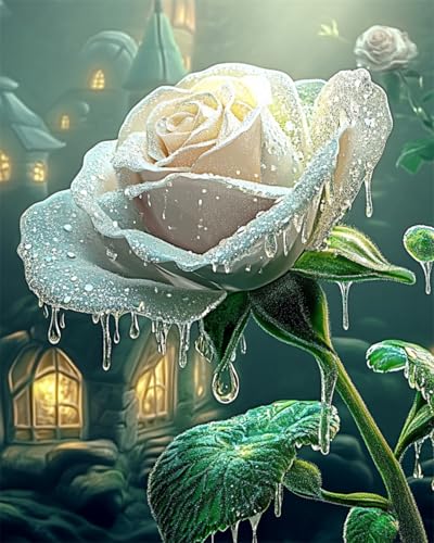 AYAOYANGGO 9CT Diy Französisches Stickset Mit Perlen Cartoon-Weiße Rose Diy-Set Mit Perlen,Handgefertigtes Perlenmalerei-Kit Aus Handarbeit,Bead Embroidery Kits Nadelkunst,Dekor 50x60cm von AYAOYANGGO