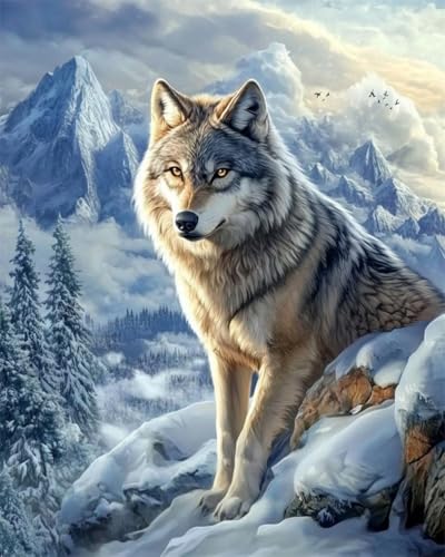 AYAOYANGGO 9CT Diy Französisches Stickset Mit Perlen Schneeberg Und Wolfstier Bead Embroidery Kit Kreuzstich,Nadelspitze,Handarbeit,Wandteppich-Set,Perlenstickerei-Muster,3D-Stickset 50x60cm von AYAOYANGGO