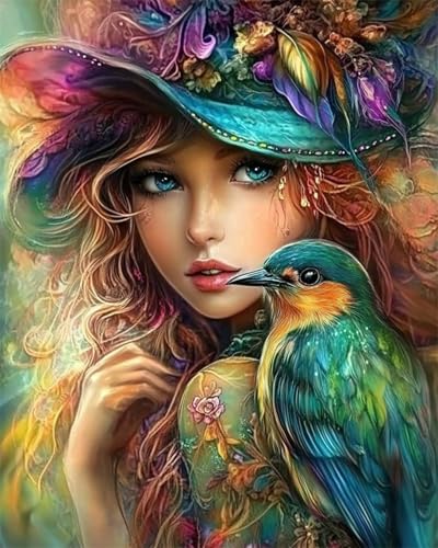 AYAOYANGGO 9CT Diy Kreuzstich-Sets Mit Perlen Anime-Mädchen Und Vogel Perlenstickerei-Bastelset Für Anfänger,Handarbeitsset,Vorgedrucktes Muster,Dekor,Wandkunst 50x60cm von AYAOYANGGO