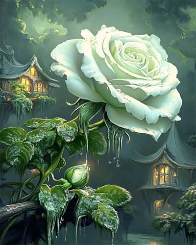 AYAOYANGGO 9CT Diy Kreuzstich-Sets Mit Perlen Cartoon-Weiße Rose Nadelspitze-Bastelset,Diy-Perlenmalerei,3D-Wandteppich,Perlen-Kreuzstich-Set 50x60cm von AYAOYANGGO