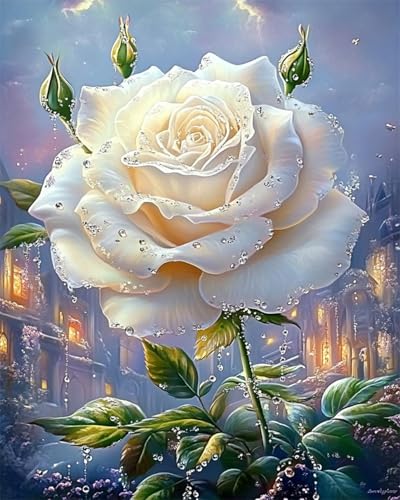 AYAOYANGGO 9CT Diy Perlen-Stickset Fantasievolle Weiße Rosen Perlenstickerei-Bastelset Für Anfänger,Handarbeitsset,Vorgedrucktes Muster,Dekor,Wandkunst 60x80cm von AYAOYANGGO