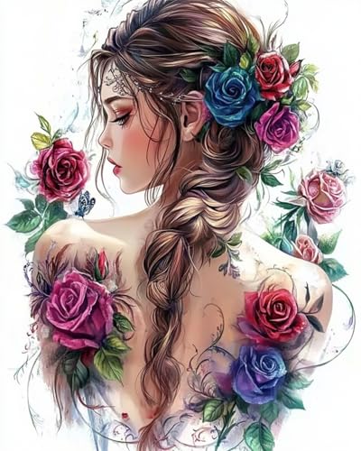 AYAOYANGGO 9CT Diy Perlen-Stickset Fantasy-Mädchen Zurück Und Rosen Nadelspitze-Bastelset,Diy-Perlenmalerei,3D-Wandteppich,Perlen-Kreuzstich-Set 40x50cm von AYAOYANGGO