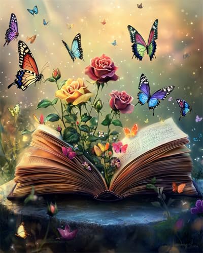 AYAOYANGGO 9CT Diy Perlenstickerei-Set Bücher，Bunte Blumen Und Schmetterlinge Perlenstickerei-Bastelset Für Anfänger,Handarbeitsset,Vorgedrucktes Muster,Dekor,Wandkunst 50x60cm von AYAOYANGGO