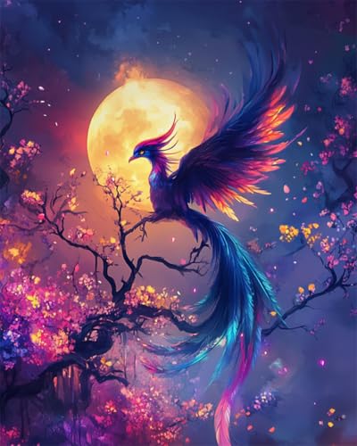 AYAOYANGGO 9CT Diy Perlenstickerei Set Fantasie-Phönix-Tier Und Mond Perlenstickerei-Bastelset Für Anfänger,Handarbeitsset,Vorgedrucktes Muster,Dekor,Wandkunst 50x60cm von AYAOYANGGO