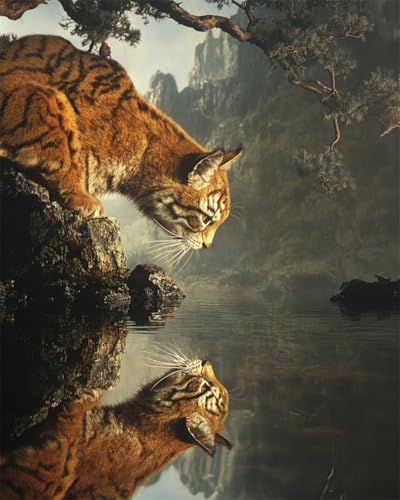 AYAOYANGGO 9CT Diy Perlenstickerei-Set Tiger Und Wasserspiegelung Nadelspitze-Bastelset,Diy-Perlenmalerei,3D-Wandteppich,Perlen-Kreuzstich-Set 50x60cm von AYAOYANGGO