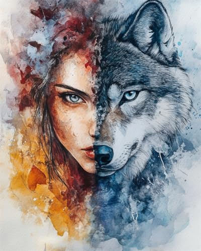 AYAOYANGGO 9CT Diy Stickerei-Set Mit Perlen Aquarell Wolf Tier Und Frau Diy-Set Mit Perlen,Handgefertigtes Perlenmalerei-Kit Aus Handarbeit,Bead Embroidery Kits Nadelkunst,Dekor 40x50cm von AYAOYANGGO
