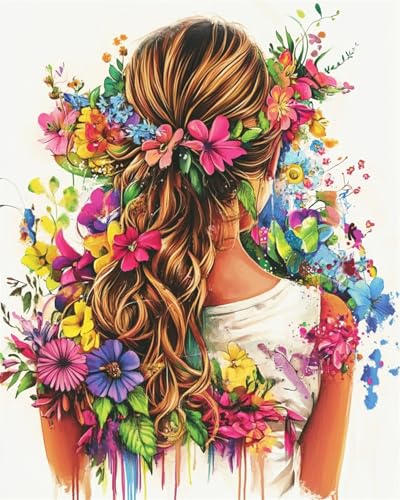 AYAOYANGGO 9CT Diy Stickerei-Set Mit Perlen Fantasy-Mädchen Zurück Und Blumen Nadelspitze-Bastelset,Diy-Perlenmalerei,3D-Wandteppich,Perlen-Kreuzstich-Set 50x60cm von AYAOYANGGO