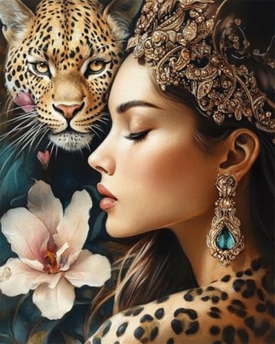 AYAOYANGGO 9CT Diy Stickerei-Set Mit Perlen Frau Und Leopard Tier Ölgemälde Diy-Set Mit Perlen,Handgefertigtes Perlenmalerei-Kit Aus Handarbeit,Bead Embroidery Kits Nadelkunst,Dekor 50x60cm von AYAOYANGGO