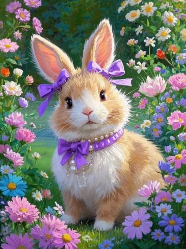 AYAOYANGGO Diy Bead Embroidery Kit Fantasieblumen Und Kaninchen Perlenstickerei-Bastelset Für Anfänger,Handarbeitsset,Vorgedrucktes Muster,Dekor,Wandkunst 9CT 60x80cm von AYAOYANGGO