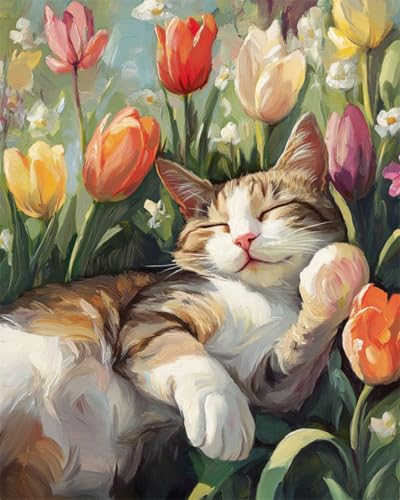 AYAOYANGGO Diy Perlenstickerei-Set Katzentier Und Tulpenblumen Perlenstickerei-Bastelset Für Anfänger,Handarbeitsset,Vorgedrucktes Muster,Dekor,Wandkunst 9CT 40x50cm von AYAOYANGGO
