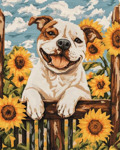AYAOYANGGO Hund Tier Häkelnadel Setbullterrier Und Sonnenblumen Knüpfsets Für Kinder，Häkelset Für Anfänger，Teppich-Set Mit Bedruckter Leinwand，Geschenk 21x29in von AYAOYANGGO