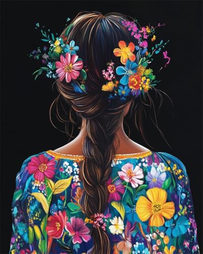 AYAOYANGGO Stickerei Set Fantasy-Mädchen Zurück Und Blumen Diy-Kreuzstichset Mit Vorgedrucktem Stickstoff,Schere Und Besticktem Faden 11CT 40x50cm von AYAOYANGGO