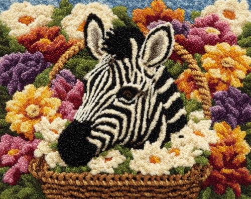 AYAOYANGGO Tier Häkelnadel Setblumenkorb Und Zebra Knüpfsets Für Kinder，Häkelset Für Anfänger，Teppich-Set Mit Bedruckter Leinwand，Geschenk 31x63in von AYAOYANGGO