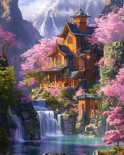 DIY Stickerei-Set Mit Perlen Fantasie-Wasserfall，Blumen，Bäume Und Architektonische Landschaft Diy-Set Mit Perlen,Handgefertigtes Perlenmalerei-Kit Aus Handarbeit,Bead Embroidery Kits Nad 40x50cm von AYAOYANGGO