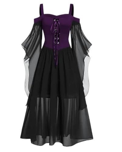 AYAZER Retro-Damen-Halloween-Cosplay-Kostüm für Damen, Gothic, schulterfrei, mit Schnürung, Bandage, Netzstoff, transparent, A-Linien-Länge, Slip-Kleid, Party-Kostüm-XM01 Schwarz Lila-5XL von AYAZER