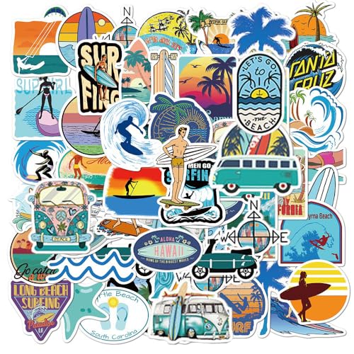 Surf-Aufkleber | 50 Stück Wassersport-Vinyl-Sticker für Trinkflaschen, Laptop, Koffer, Tassen, Computer, Handy, Skateboard, Gitarre Surf-Aufkleber | 50 Stück Wassersport-Vinyl-Sticker für Trinkflaschen, Laptop, Koffer, Tassen, Computer, Handy, Skateboard, Gitarre von AYEDIDUN