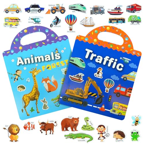 AYESY Wiederverwendbare Stickerbuch, 2 Pack Wasserdichte Stickerbuch für Kinder, Sticker Stickerbucher für Die Frühkindliche Bildung Kinder Geschenk Spielzeug: Dinosaurier, Tiere, Weltraum, Fahrzeug von AYESY