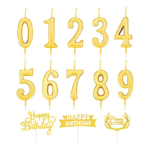 Geburtstag Zahl Kerzen,10 Stück Kuchenkerzen,Nummer 0 bis 9,Cake Topper Dekoration für Geburtstagsfeier (Gold+Cake Topper) von AYEUPZ