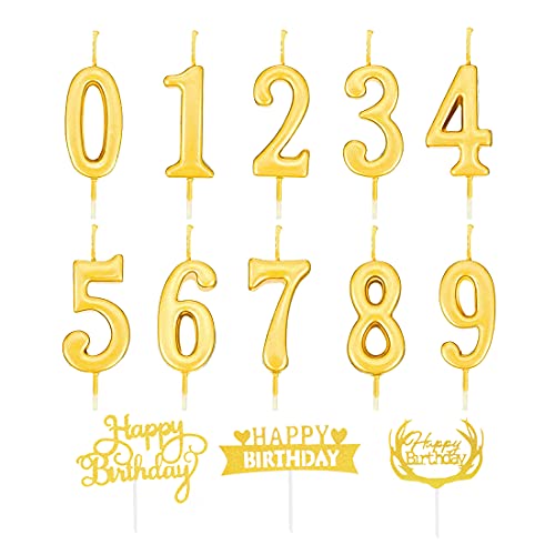 Geburtstag Zahl Kerzen,10 Stück Kuchenkerzen,Nummer 0 bis 9,Cake Topper Dekoration für Geburtstagsfeier (Gold+Cake Topper) von AYEUPZ