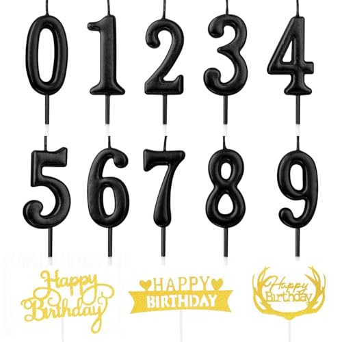 Geburtstag Zahl Kerzen,10 Stück Kuchenkerzen,Nummer 0 bis 9,Cake Topper Dekoration für Geburtstagsfeier (Schwarz+Cake Topper) von AYEUPZ