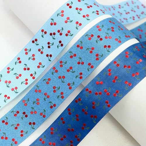 1-1/2'' 38mm Rote Kirsche Weiße Blumen Bedrucktes doppelseitiges Denimblaues Ripsband für Bastelbedarf DIY Nähzubehör-03-100 Yards 1-1/2'' 38mm Rote Kirsche Weiße Blumen Bedrucktes doppelseitiges Denimblaues Ripsband für Bastelbedarf DIY Nähzubehör-03-100 Yards von AYHTUD