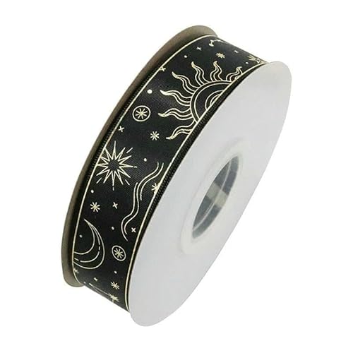25 mm Hologramm-Satinband mit Goldfolie, Sonne, Mond und Sternen, bedruckt, zum Verpacken von DIY-Material, 030 Schwarz, 9,1 m von AYHTUD