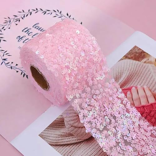 5 Yards/Los 80 mm Pailletten-Organza-Fleckenband für Schleifenverpackungen, Kleidung, Nähzubehör, Dekoration-Hellrosa-80 mm x 5 Yards von AYHTUD
