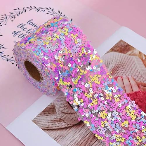 5 Yards/Los 80 mm Pailletten-Organza-Fleckenband für Schleifenverpackungen, Kleidung, Nähzubehör, Dekoration - Rosagelb - 80 mm x 5 Yards von AYHTUD