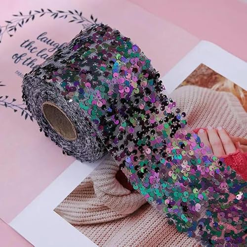 5 Yards/Los 80 mm Pailletten-Organza-Fleckenband für Schleifenverpackungen, Kleidung, Nähzubehör, Dekoration - Schwarze Farbe - 80 mm x 5 Yards von AYHTUD