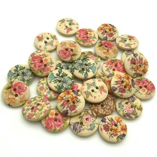 50 Stück/Los 18 mm gemischtes Blumenmuster, 2 Löcher, runde Holzknöpfe zum Nähen von Kleidung, Scrapbooking, Basteln, Heimdekoration, 50 Stück von AYHTUD