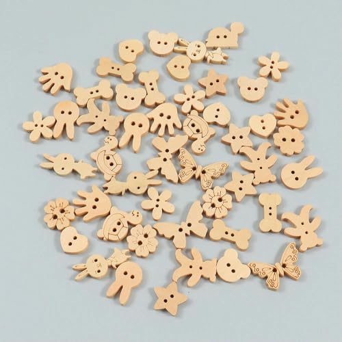 50 Stück 2 Löcher Naturfarbene Holzknöpfe mit Schmetterlings- und Tierblumenmotiv für Handarbeiten, Basteln, Scrapbooking, DIY-Nähzubehör - gemischt - 50 Stück von AYHTUD