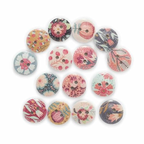 50 Stück Blumendruck, farbenfrohe Mischung, runde Holzknöpfe zum Nähen, Scrapbooking, Kleidung, Basteln, Handarbeit, Zubehör, 15 mm, Standard von AYHTUD