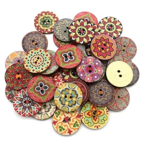 50 Stück Holzknöpfe, 15 mm, 20 mm, 25 mm, Blumenmuster, süße Holzknöpfe für Kinder, Massennäh-Botoes, Bastelzubehör, Scrapbooking, A03-25MM von AYHTUD