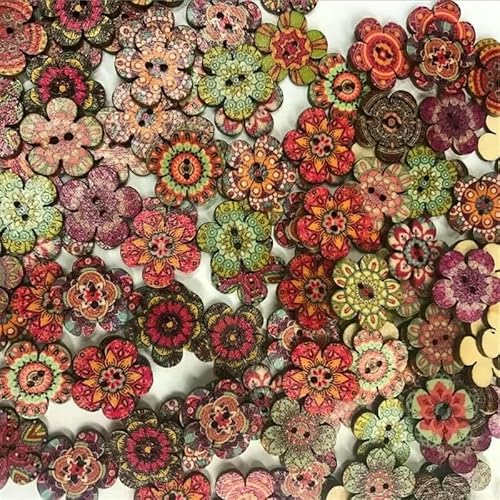 50 Stück Holzknöpfe, 15 mm, 20 mm, 25 mm, Blumenmuster, süße Holzknöpfe für Kinder, Massennäh-Botoes, Bastelzubehör, Scrapbooking, C24-25MM von AYHTUD